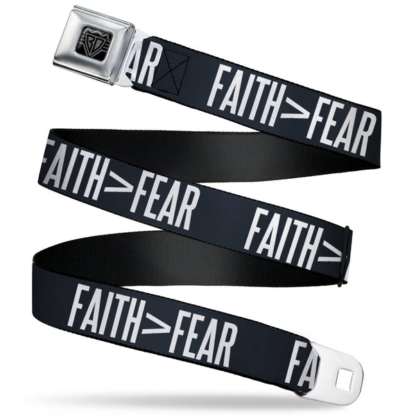 Buckle-Down BD Wings Logo CLOSE-UP Black/Silver Seatbelt Belt - FAITH Greater Than FEAR Navy Blue/White Webbing