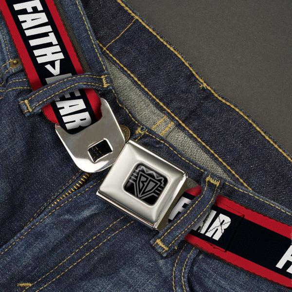 Buckle-Down BD Wings Logo CLOSE-UP Black/Silver Seatbelt Belt - FAITH Greater Than FEAR Stripe Red/Black/White Webbing