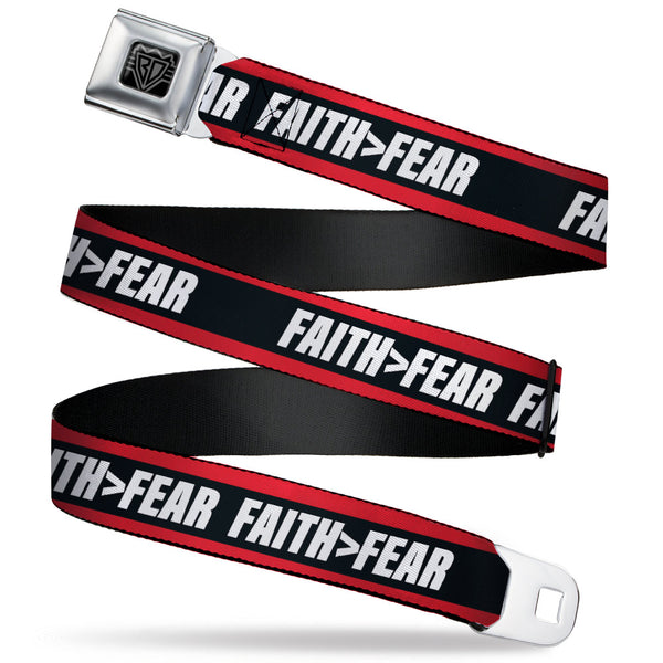 Buckle-Down BD Wings Logo CLOSE-UP Black/Silver Seatbelt Belt - FAITH Greater Than FEAR Stripe Red/Black/White Webbing