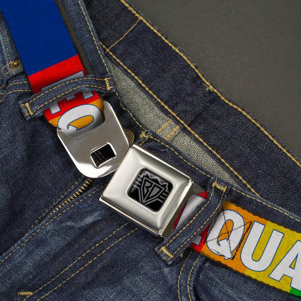 Buckle-Down BD Wings Logo CLOSE-UP Black/Silver Seatbelt Belt - EQUALITY Blocks Rainbow/Blue/White Webbing