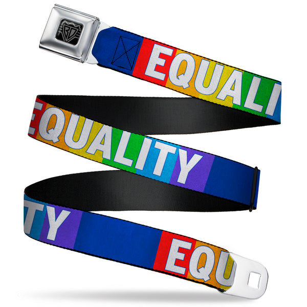 Buckle-Down BD Wings Logo CLOSE-UP Black/Silver Seatbelt Belt - EQUALITY Blocks Rainbow/Blue/White Webbing