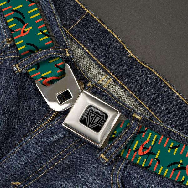 Buckle-Down BD Wings Logo CLOSE-UP Black/Silver Seatbelt Belt - MCO Orlando International Airport Carpet Teal/Orange/Yellow/Black Webbing
