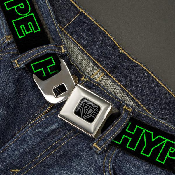 Buckle-Down BD Wings Logo CLOSE-UP Black/Silver Seatbelt Belt - HYPE Outline Black/Neon Green Webbing