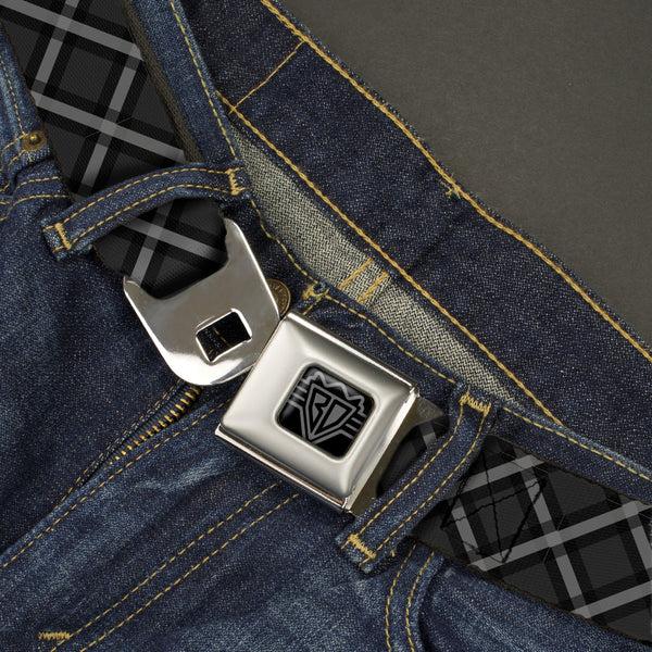 Buckle-Down BD Wings Logo CLOSE-UP Black/Silver Seatbelt Belt - Buffalo Plaid X Charcoal/Black/Gray Webbing