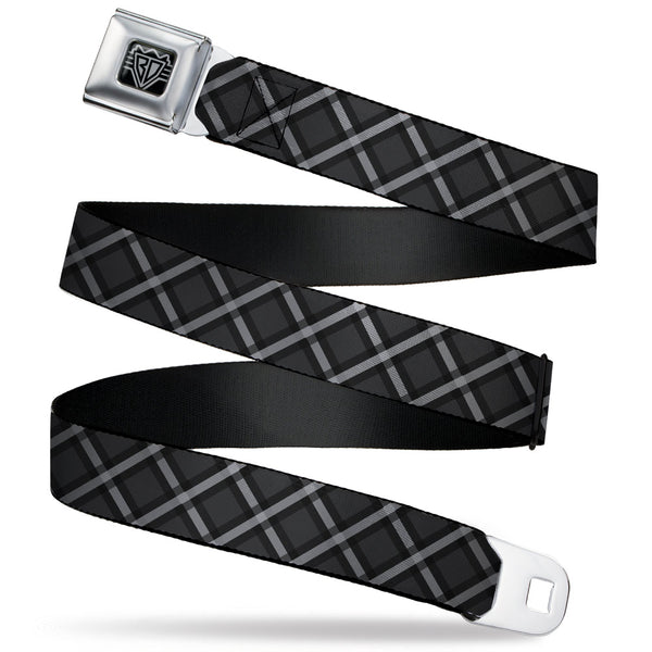 Buckle-Down BD Wings Logo CLOSE-UP Black/Silver Seatbelt Belt - Buffalo Plaid X Charcoal/Black/Gray Webbing