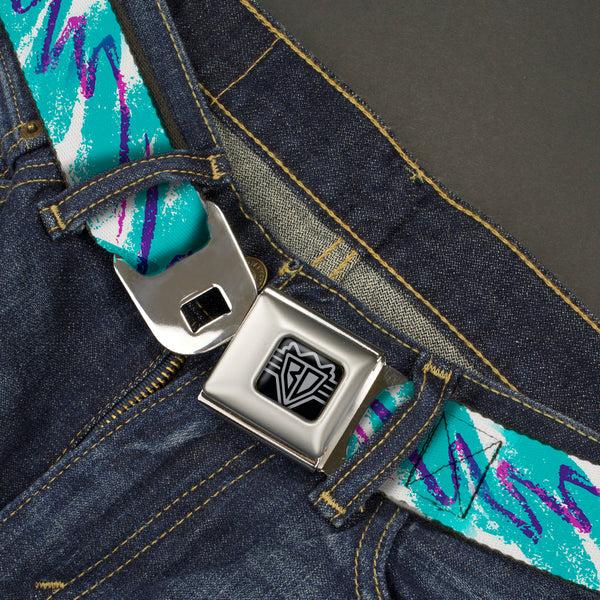 Buckle-Down BD Wings Logo CLOSE-UP Black/Silver Seatbelt Belt - Jazzy Wave Scribble White/Teal/Purple Webbing
