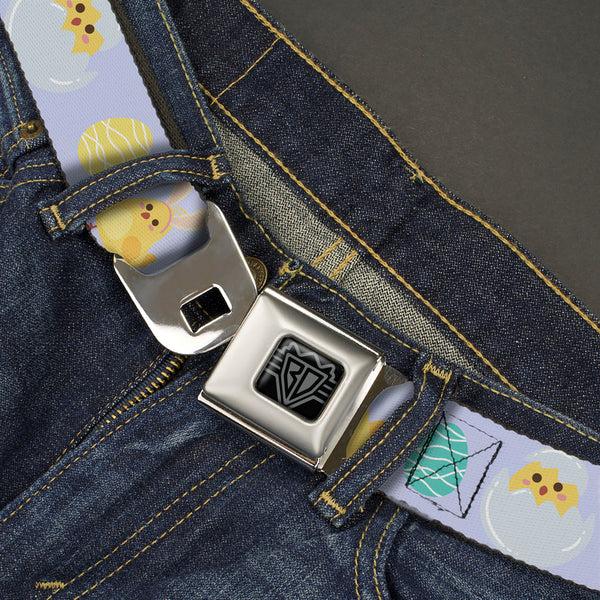 Buckle-Down BD Wings Logo CLOSE-UP Black/Silver Seatbelt Belt - Easter Chicks And Eggs Lavender Webbing
