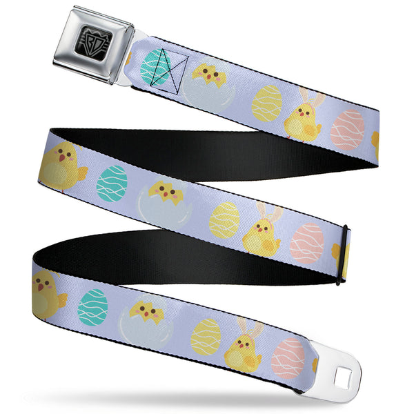 Buckle-Down BD Wings Logo CLOSE-UP Black/Silver Seatbelt Belt - Easter Chicks and Eggs Lavender Webbing
