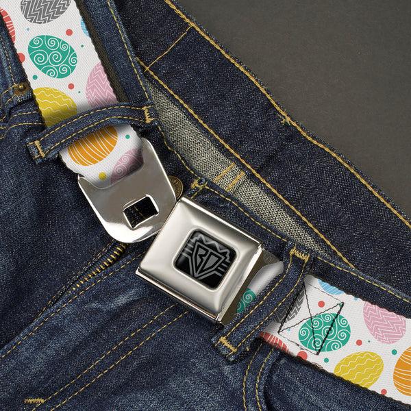 Buckle-Down BD Wings Logo CLOSE-UP Black/Silver Seatbelt Belt - Easter Eggs Decorated Eggs Scattered White/Multi Color Webbing