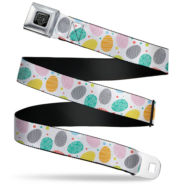 Buckle-Down BD Wings Logo CLOSE-UP Black/Silver Seatbelt Belt - Easter Eggs Decorated Eggs Scattered White/Multi Color Webbing