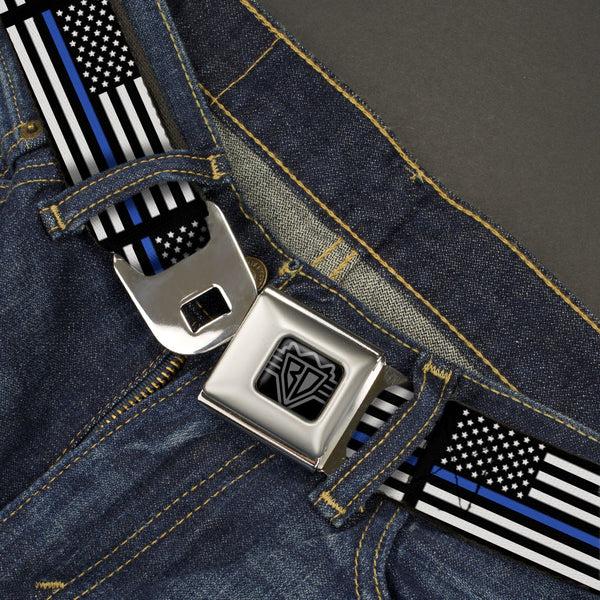 Buckle-Down BD Wings Logo CLOSE-UP Black/Silver Seatbelt Belt - Thin Blue Line Flag Black/Gray/Blue Webbing