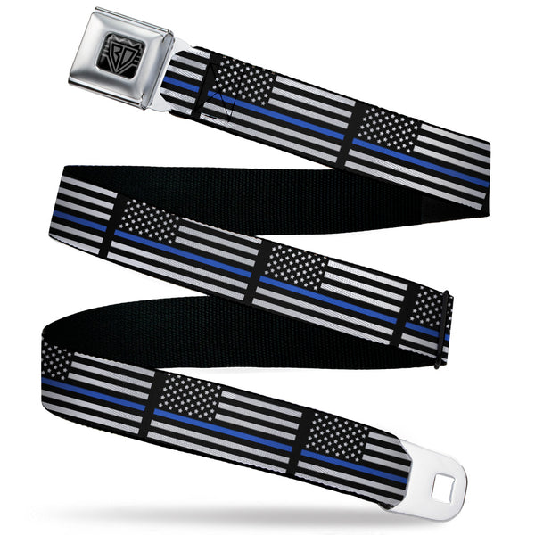 Buckle-Down BD Wings Logo CLOSE-UP Black/Silver Seatbelt Belt - Thin Blue Line Flag Black/Gray/Blue Webbing