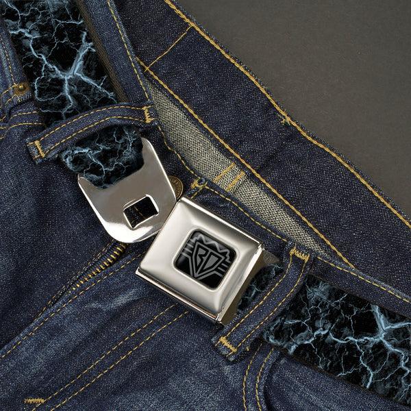 Buckle-Down BD Wings Logo CLOSE-UP Black/Silver Seatbelt Belt - Marble Black/Baby Blue Webbing