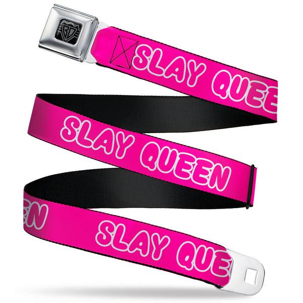 Buckle-Down BD Wings Logo CLOSE-UP Black/Silver Seatbelt Belt - SLAY QUEEN Bubble Text Pink/White Webbing
