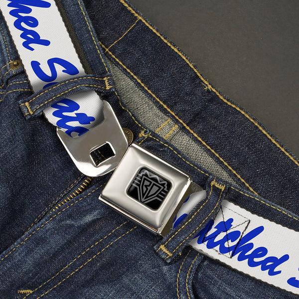 Buckle-Down BD Wings Logo CLOSE-UP Black/Silver Seatbelt Belt - SNATCHED Script White/Blue Webbing