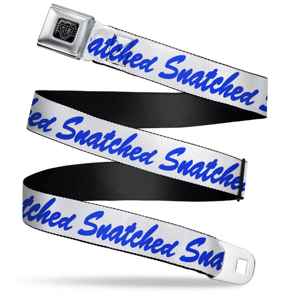 Buckle-Down BD Wings Logo CLOSE-UP Black/Silver Seatbelt Belt - SNATCHED Script White/Blue Webbing