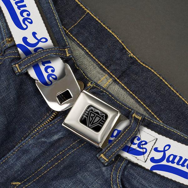 Buckle-Down BD Wings Logo CLOSE-UP Black/Silver Seatbelt Belt - SAUCE Baseball Script White/Blue Webbing