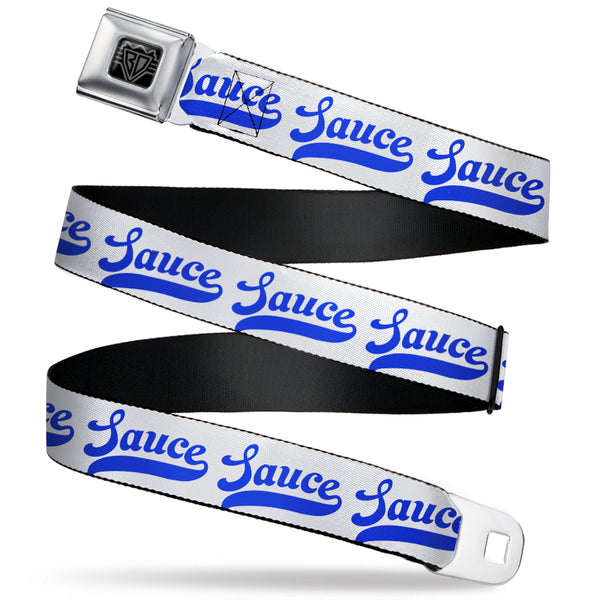 Buckle-Down BD Wings Logo CLOSE-UP Black/Silver Seatbelt Belt - SAUCE Baseball Script White/Blue Webbing