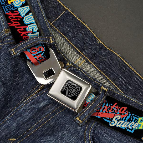 Buckle-Down BD Wings Logo CLOSE-UP Black/Silver Seatbelt Belt - Slang Verbiage Stacked Black/Multi Color Webbing