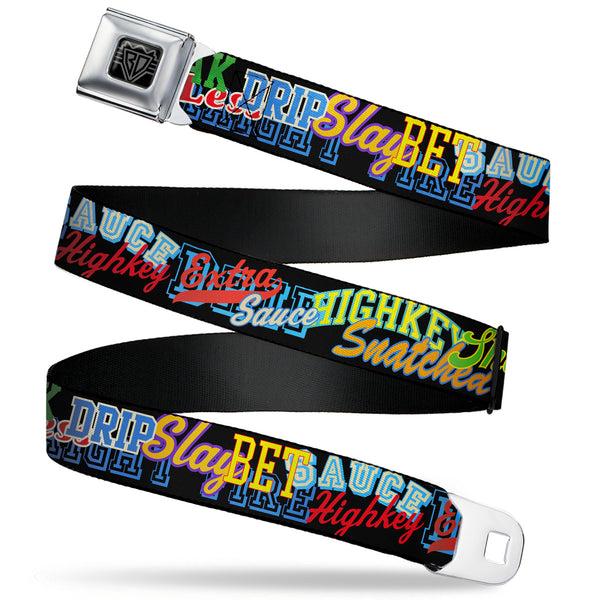 Buckle-Down BD Wings Logo CLOSE-UP Black/Silver Seatbelt Belt - Slang Verbiage Stacked Black/Multi Color Webbing
