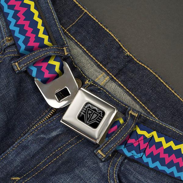 Buckle-Down BD Wings Logo CLOSE-UP Black/Silver Seatbelt Belt - Scribble Zig Zag Stripe Navy/Multi Color Webbing