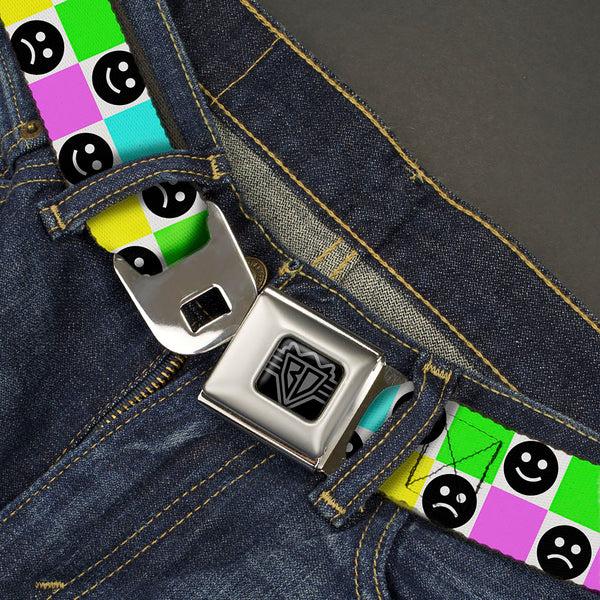 Buckle-Down BD Wings Logo CLOSE-UP Black/Silver Seatbelt Belt - Smiley Sad Face Checker Multi Color/White Webbing