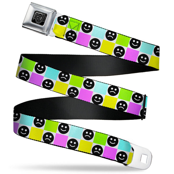 Buckle-Down BD Wings Logo CLOSE-UP Black/Silver Seatbelt Belt - Smiley Sad Face Checker Multi Color/White Webbing