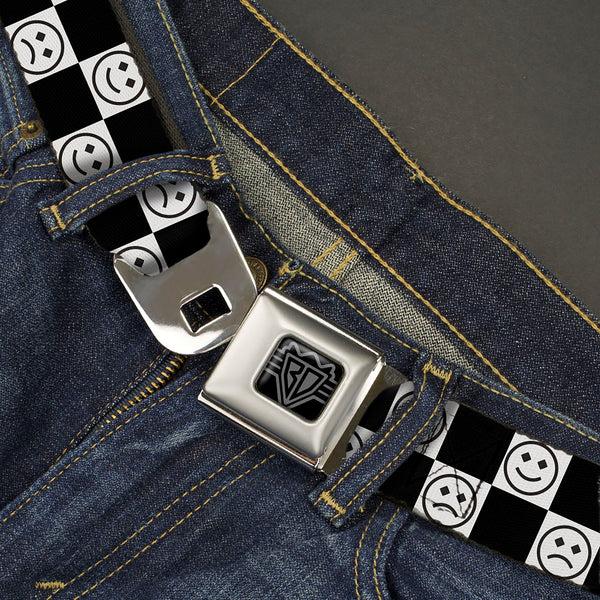 Buckle-Down BD Wings Logo CLOSE-UP Black/Silver Seatbelt Belt - Smiley Sad Face Checker Black/White Webbing