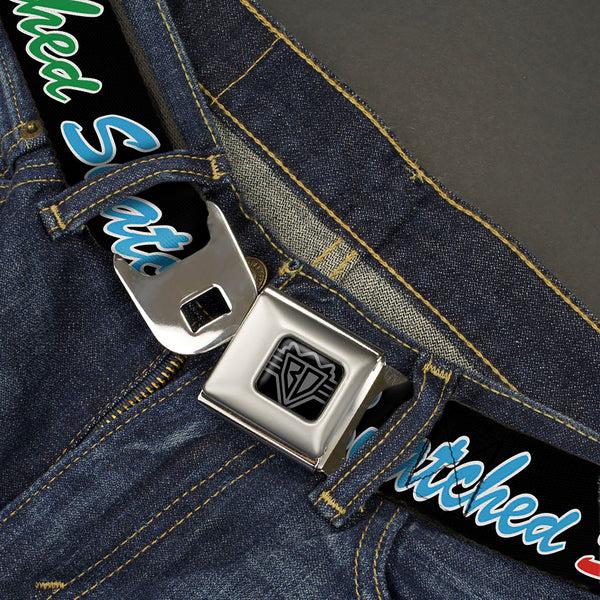 Buckle-Down BD Wings Logo CLOSE-UP Black/Silver Seatbelt Belt - SNATCHED Script Black/Multi Color Webbing
