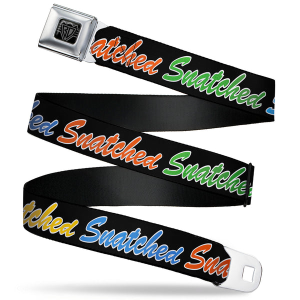 Buckle-Down BD Wings Logo CLOSE-UP Black/Silver Seatbelt Belt - SNATCHED Script Black/Multi Color Webbing