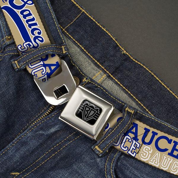 Buckle-Down BD Wings Logo CLOSE-UP Black/Silver Seatbelt Belt - SAUCE Typography Collage Tan/White/Blue Webbing