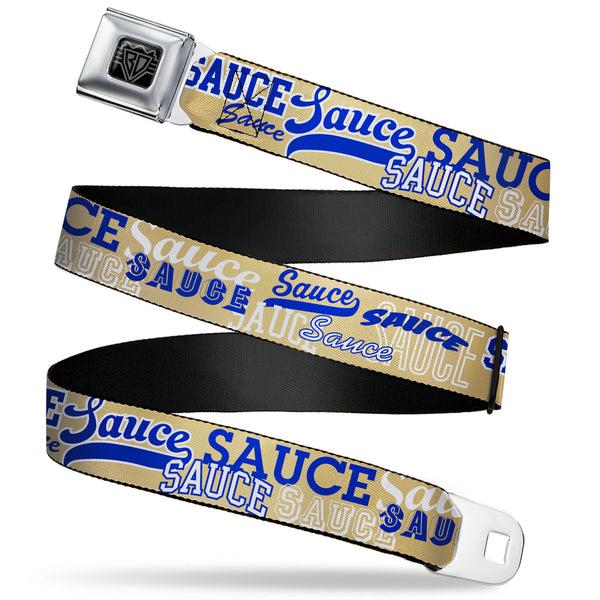 Buckle-Down BD Wings Logo CLOSE-UP Black/Silver Seatbelt Belt - SAUCE Typography Collage Tan/White/Blue Webbing