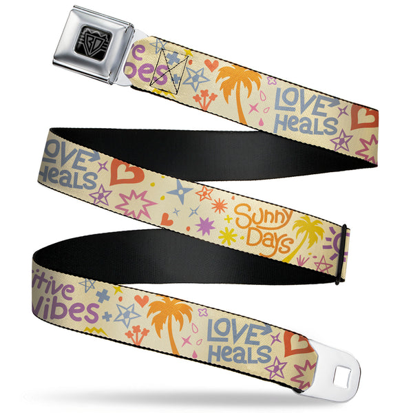 Buckle-Down BD Wings Logo CLOSE-UP Black/Silver Seatbelt Belt - Summer Harmony Collage Beige/Multi Color Webbing