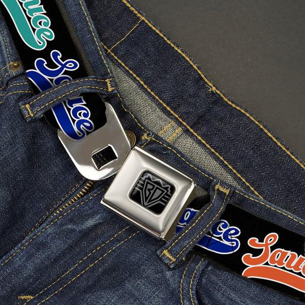 Buckle-Down BD Wings Logo CLOSE-UP Black/Silver Seatbelt Belt - SAUCE Baseball Script Black/Multi Color Webbing