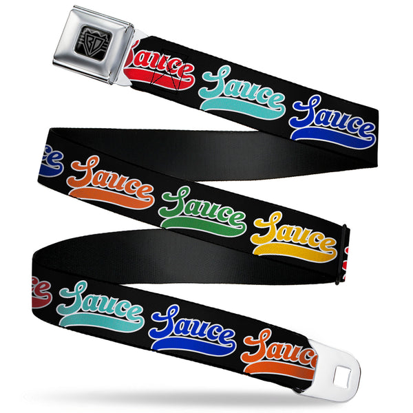 Buckle-Down BD Wings Logo CLOSE-UP Black/Silver Seatbelt Belt - SAUCE Baseball Script Black/Multi Color Webbing