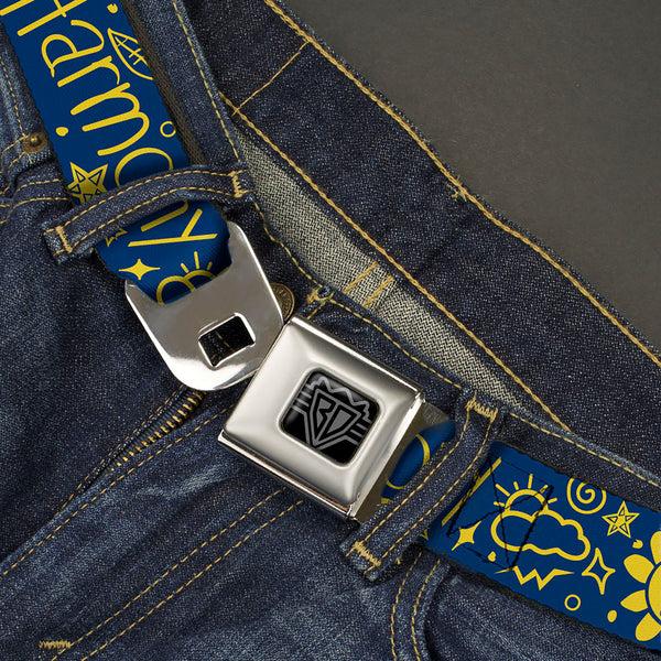Buckle-Down BD Wings Logo CLOSE-UP Black/Silver Seatbelt Belt - HARMONY BALANCE LIFE Icons Collage Blue/Yellow Webbing