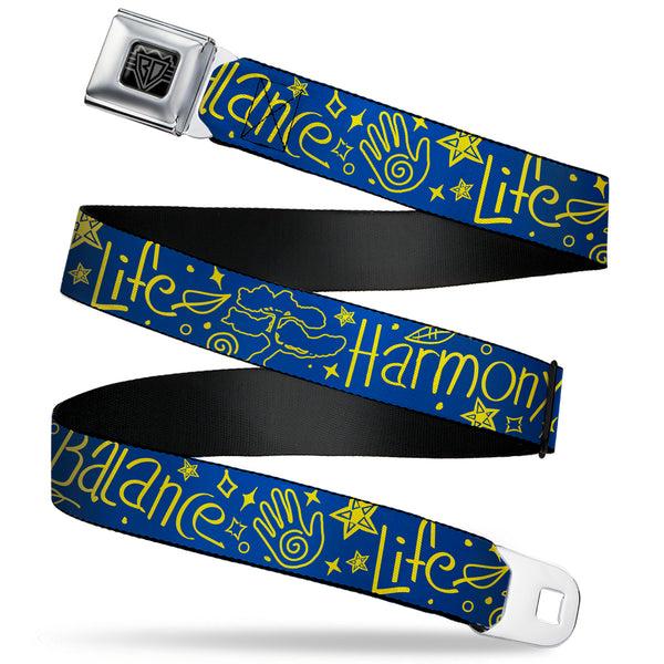 Buckle-Down BD Wings Logo CLOSE-UP Black/Silver Seatbelt Belt - HARMONY BALANCE LIFE Icons Collage Blue/Yellow Webbing