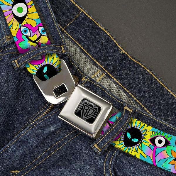 Buckle-Down BD Wings Logo CLOSE-UP Black/Silver Seatbelt Belt - Funky Alien Flowers Aqua Blue/Multi Color Webbing