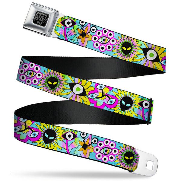Buckle-Down BD Wings Logo CLOSE-UP Black/Silver Seatbelt Belt - Funky Alien Flowers Aqua Blue/Multi Color Webbing