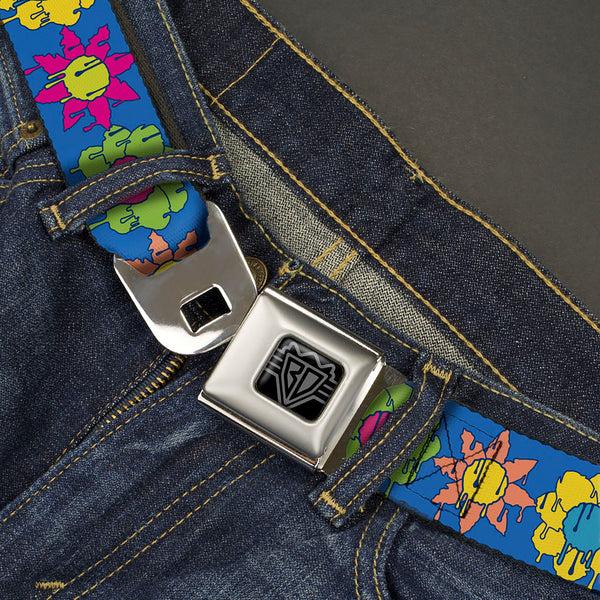 Buckle-Down BD Wings Logo CLOSE-UP Black/Silver Seatbelt Belt - Funky Flower Drip Blue/Multi Color Webbing