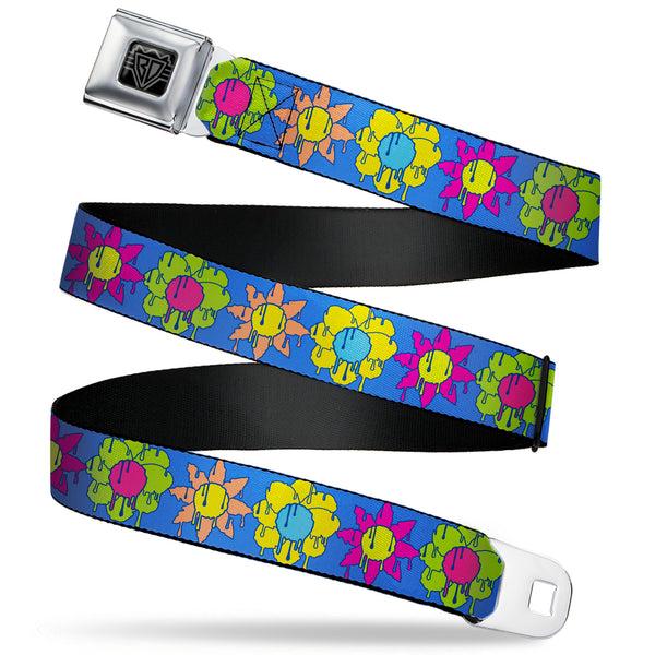 Buckle-Down BD Wings Logo CLOSE-UP Black/Silver Seatbelt Belt - Funky Flower Drip Blue/Multi Color Webbing