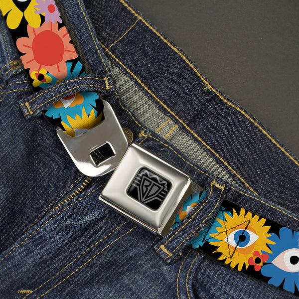 Buckle-Down BD Wings Logo CLOSE-UP Black/Silver Seatbelt Belt - Funky Eye Flowers Black/Multi Color Webbing