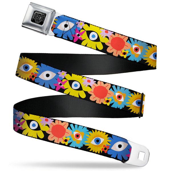 Buckle-Down BD Wings Logo CLOSE-UP Black/Silver Seatbelt Belt - Funky Eye Flowers Black/Multi Color Webbing