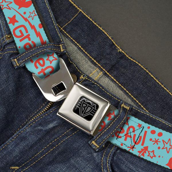 Buckle-Down BD Wings Logo CLOSE-UP Black/Silver Seatbelt Belt - GRATEFUL OPTIMISM BE KIND Icons Collage Blue/Red Webbing