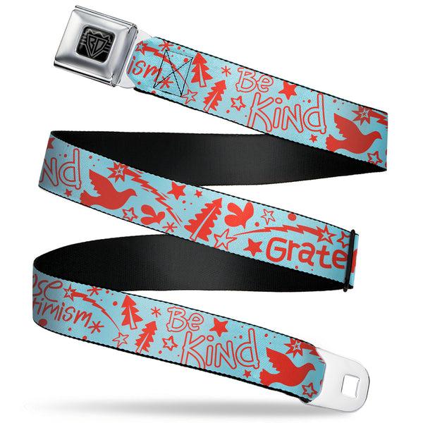 Buckle-Down BD Wings Logo CLOSE-UP Black/Silver Seatbelt Belt - GRATEFUL OPTIMISM BE KIND Icons Collage Blue/Red Webbing