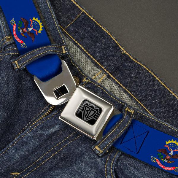 Buckle-Down BD Wings Logo CLOSE-UP Black/Silver Seatbelt Belt - North Dakota Flags2 Webbing