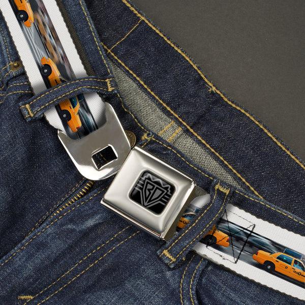 Buckle-Down BD Wings Logo CLOSE-UP Black/Silver Seatbelt Belt - Vivid NYC Taxi Cab Street Scene Webbing