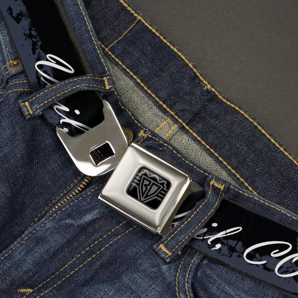 Buckle-Down BD Wings Logo CLOSE-UP Black/Silver Seatbelt Belt - VAIL CO Script/Mountains Black/Gray/White Webbing