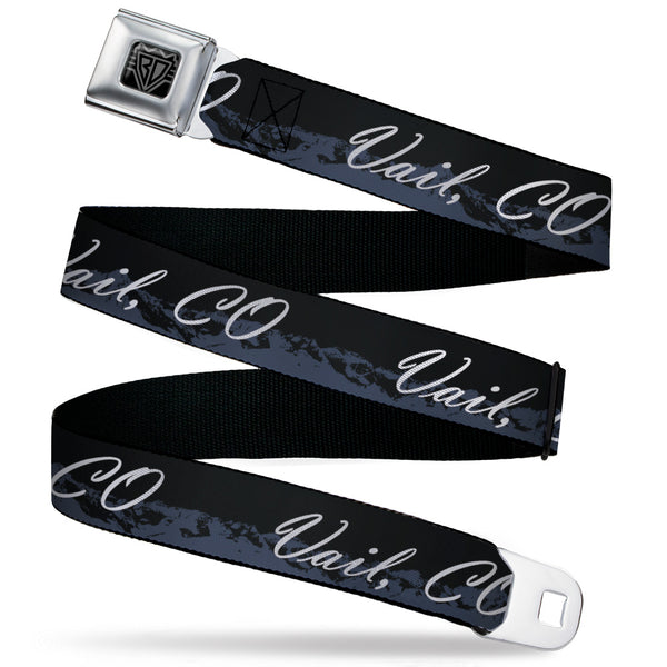 Buckle-Down BD Wings Logo CLOSE-UP Black/Silver Seatbelt Belt - VAIL CO Script/Mountains Black/Gray/White Webbing