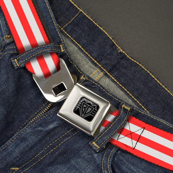 Buckle-Down BD Wings Logo CLOSE-UP Black/Silver Seatbelt Belt - Triple Stripe White/Red Webbing
